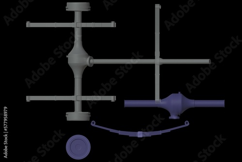 3D illustration. Rear old truck suspension - 3D print ready