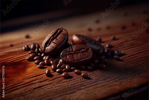 A close-up of a stack of coffee beans laying on top of a wooden board with dramatic lighting created with generative AI