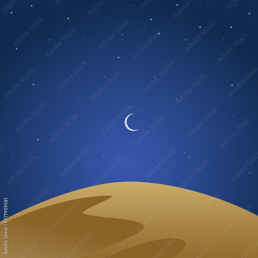 Fototapeta premium Night Sky of Ramadan Kareem Eid Mubarak Crescent Moon Sand Dune Stars Blue Background Template Art