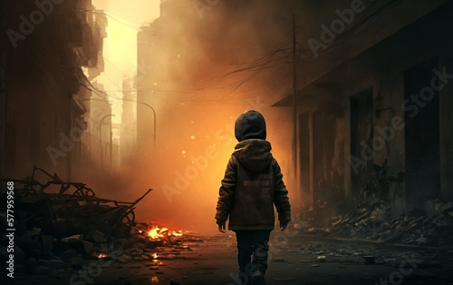 Fotomurale abandoned homeless child on street of a bombed-out city in burning ruins