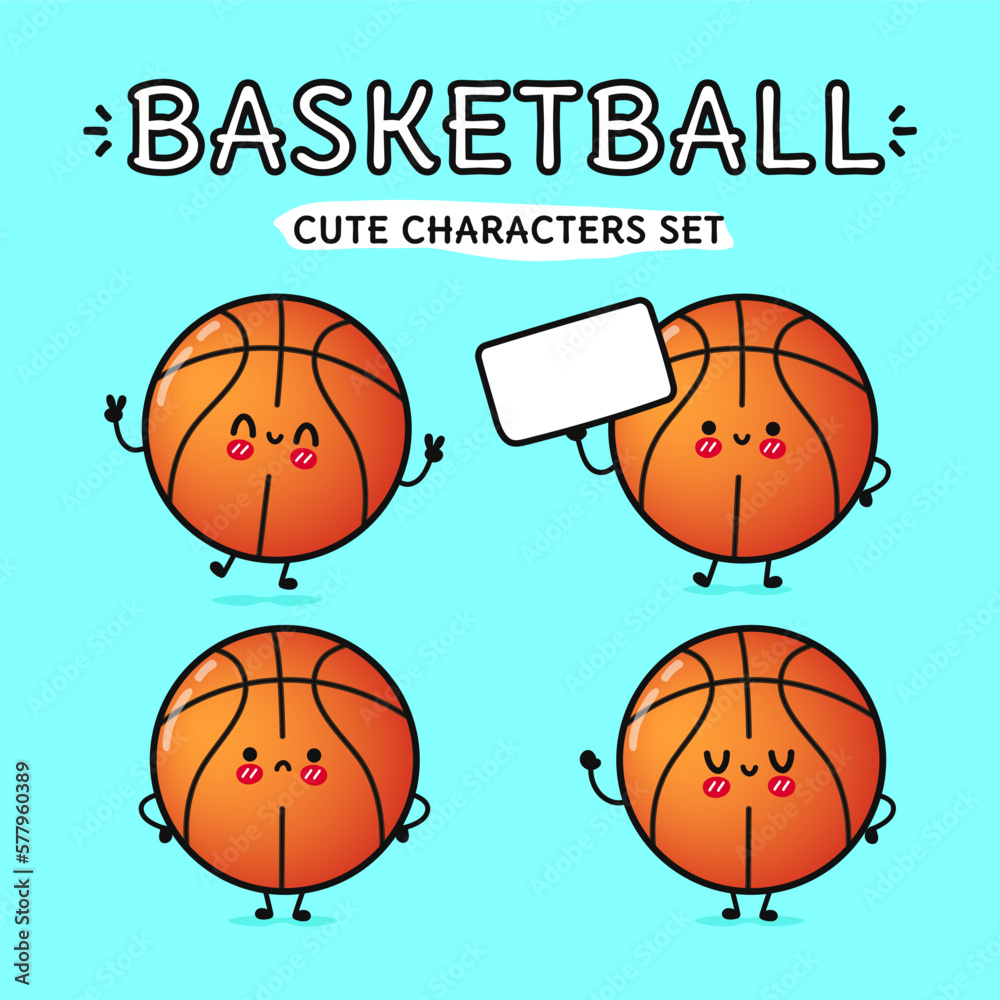 Funny cute happy basketball characters bundle set. Vector hand drawn doodle style cartoon character illustration icon design. Isolated on blue background. Basketball ball mascot character collection Funny cute happy basketball characters bundle set. Vector hand drawn doodle style cartoon character illustration icon design. Isolated on blue background. Basketball ball mascot character collection
