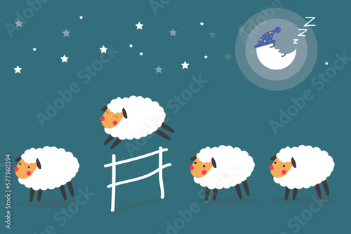 Counting sheep jumping over the fence and moon sleep.