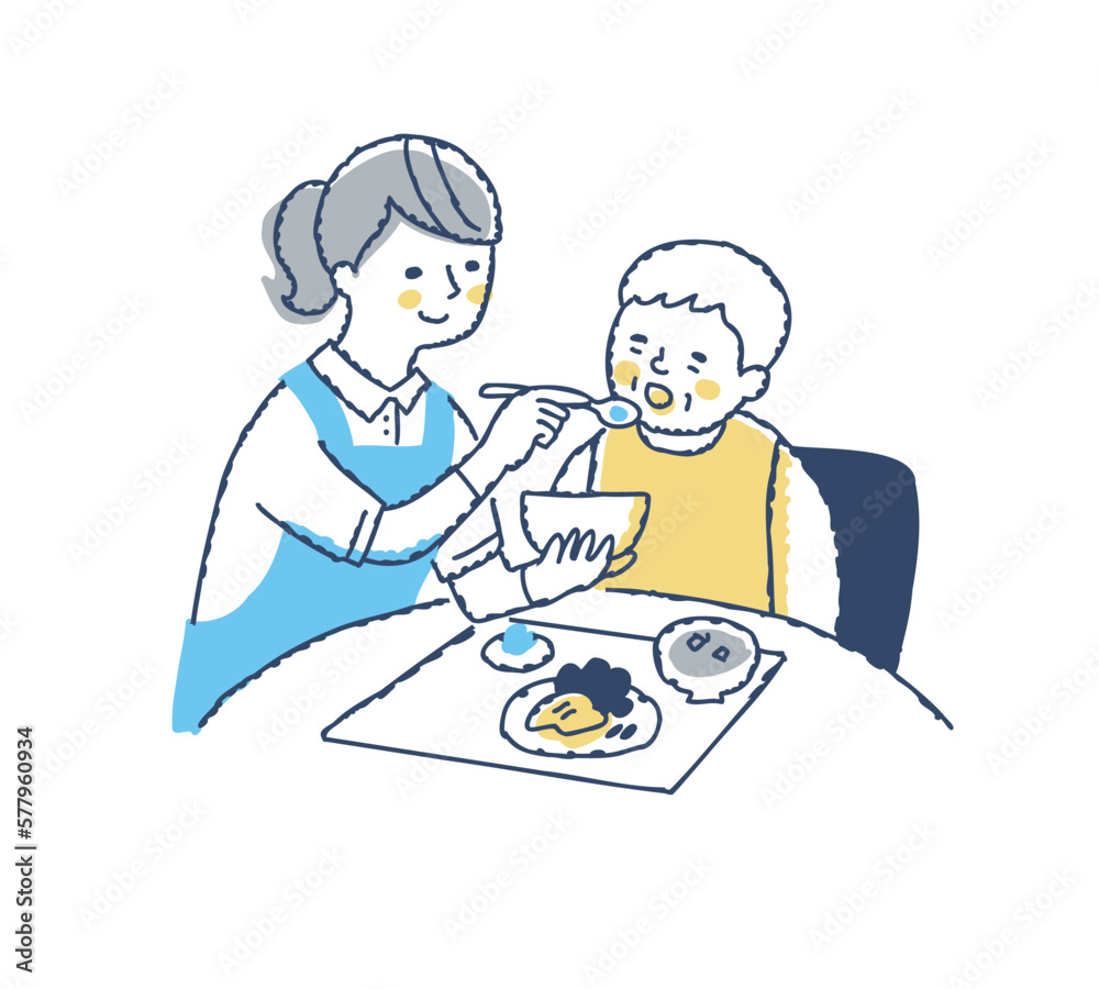 シニア女性の食事介助をしている介護スタッフ シニア女性の食事介助をしている介護スタッフ