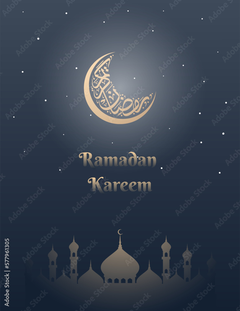 Ramadan Kareem Greeting Card with Crescent Calligraphy and Mosque Vector Illustration. Suitable for social media graphics, posters, flyers, and banners. Ramadan Kareem Greeting Card with Crescent Calligraphy and Mosque Vector Illustration. Suitable for social media graphics, posters, flyers, and banners.