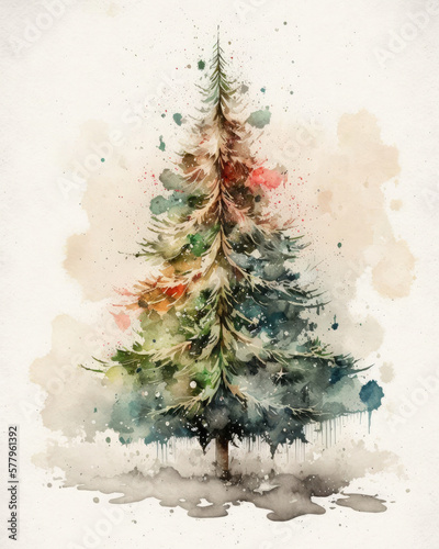 Watercolor illustration of a decorated Christmas tree on a white background. Generative AI