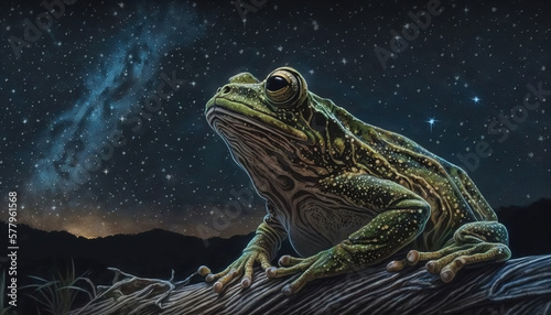 a cute frog is thinking about life and watching the star sky, generative ai technology © Sternfahrer