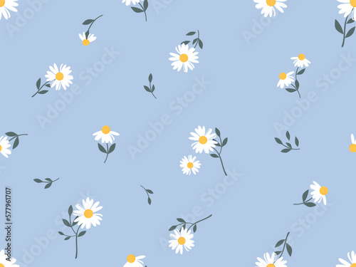 Seamless pattern with chamomiles daisy flower on blue background vector.
