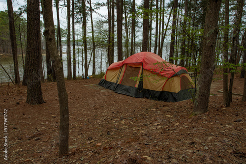 Two room nylon tent near a lake