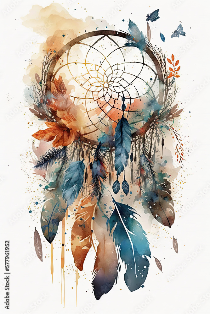 Traditional dreamcatcher illustration, watercolor style. Generative AI Traditional dreamcatcher illustration, watercolor style. Generative AI