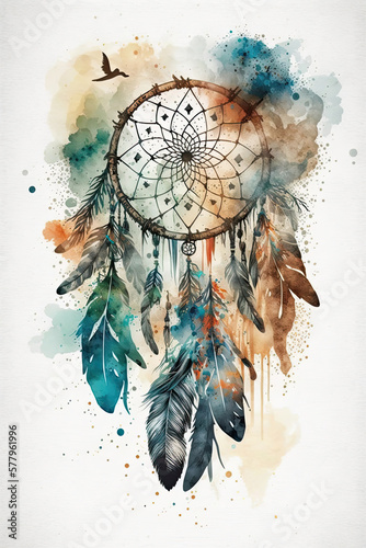 A colorful dreamcatcher on white with feathers. Watercolor, Generative AI