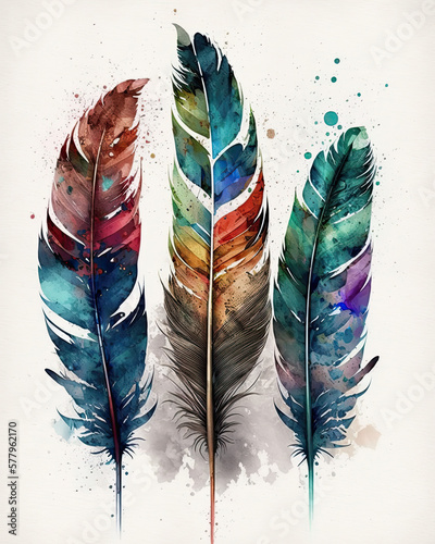 Painted feathers in watercolor style. Generative AI