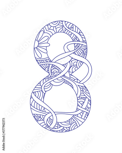 Number 8 decorated doodle pattern. Happy International Womens Day.