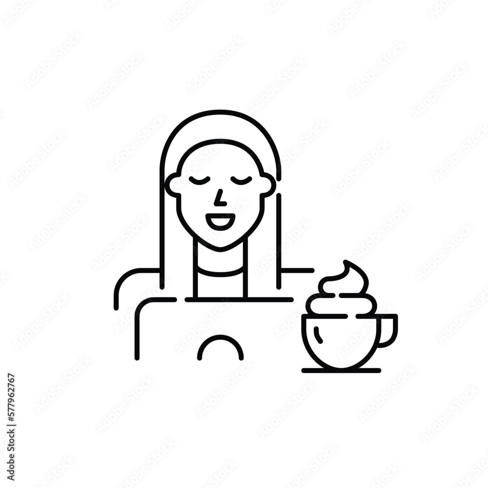 Girl having coffee with whipped cream on top while studying at her laptop. Pixel perfect, editable stroke icon Girl having coffee with whipped cream on top while studying at her laptop. Pixel perfect, editable stroke icon
