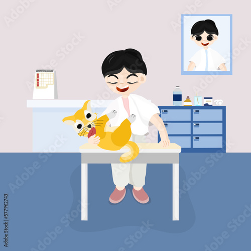 The veterinarian is diagnosing the dog's disease.