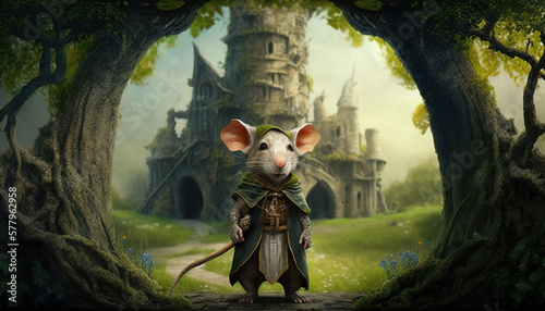 a mouse fantasy warrior in front of his fairytale town, generative ai technology © Sternfahrer