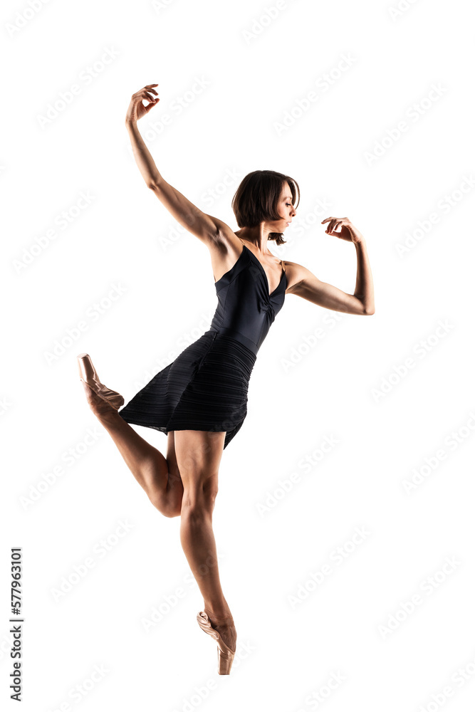ballerina with an elegant black dress posing against white background ballerina with an elegant black dress posing against white background