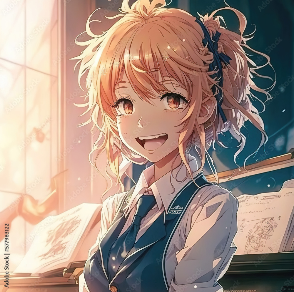 an anime girl with messy cute hair, smiling artwork, generative ai technology an anime girl with messy cute hair, smiling artwork, generative ai technology