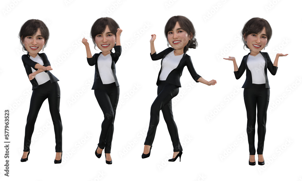 3D render : isolated happy Big head female character on white background with 4 different pose 3D render : isolated happy Big head female character on white background with 4 different pose