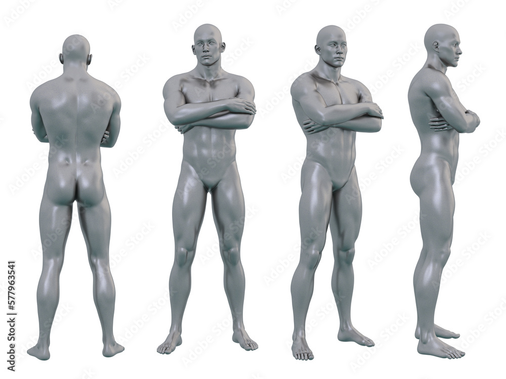 3D Render : Portrait of silver, iron metal texture male dummy character is standing with  crossing arms, PNG transparent