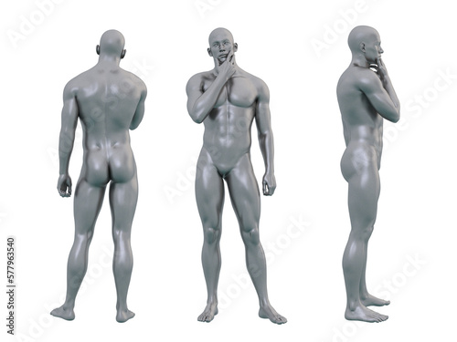 3D Render : Portrait of silver, iron metal texture male dummy character is standing and thinking, PNG transparent