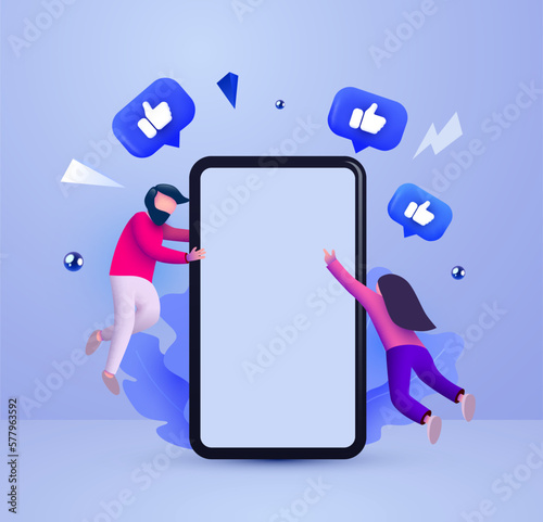 Mobile smartphone with Likes notification icons and small people flying around. Social media and marketing concept.