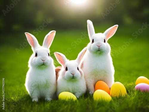 Cute Easter bunnys with Easter eggs. Generative AI