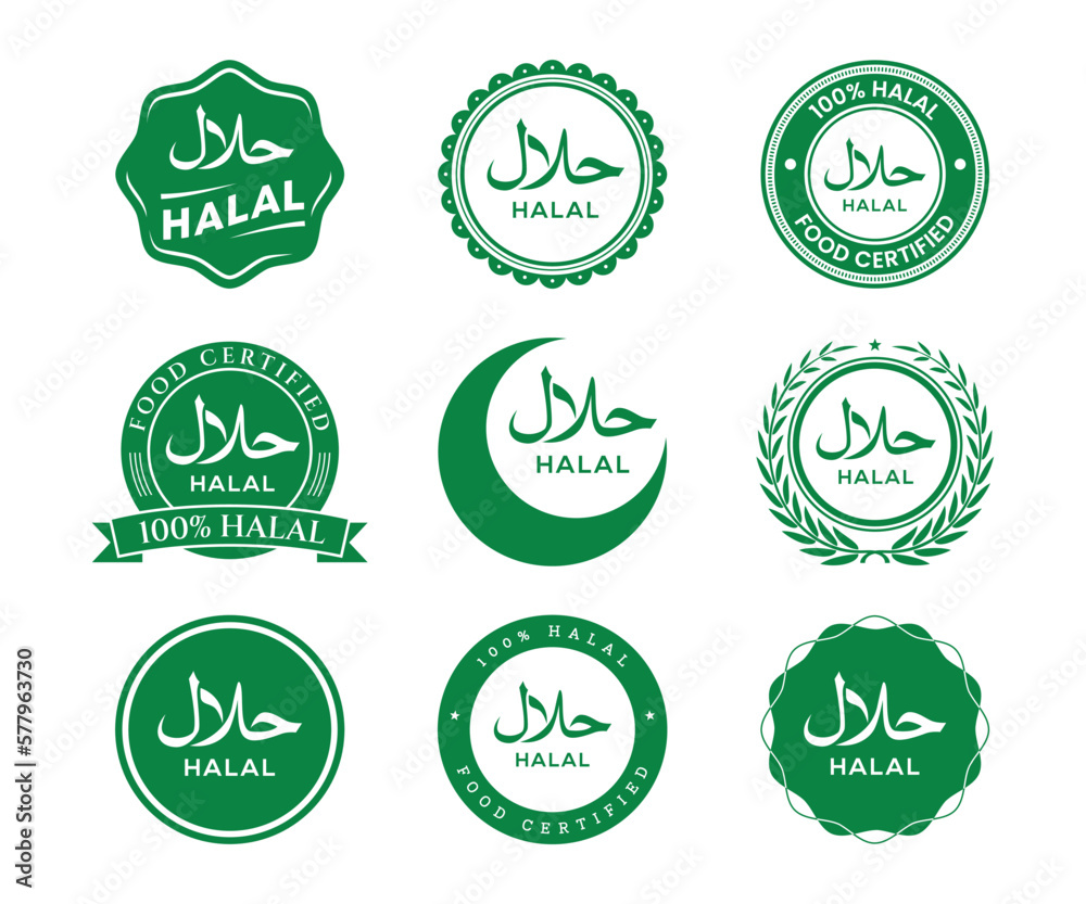 Halal food products labels. Halal sign set. Halal certificate tag. Green colors halal food logo set Halal food products labels. Halal sign set. Halal certificate tag. Green colors halal food logo set