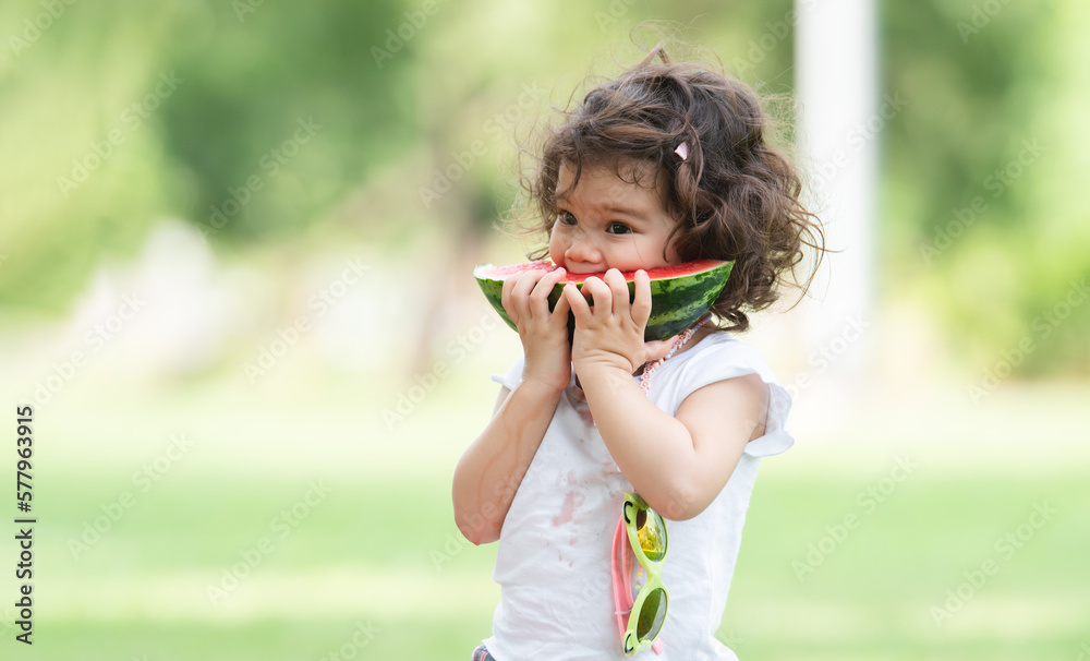 Portrait of little Caucasian cute girl holding sliced watermelon and enjoy eating or biting fresh fruit while picnic at park. Happy healthy child standing on green grass in summer