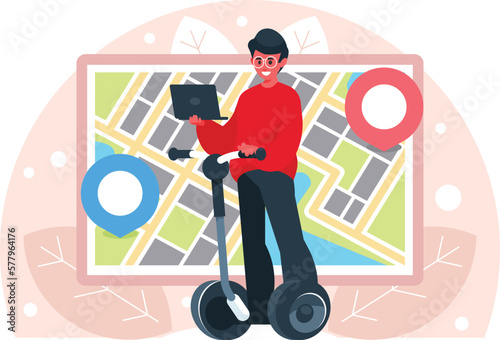 Building a route for a gyroscooter. Navigation map with pins on computer display. GPS navigator with red pinpoint. City map with point markers. Male student on a gyroboard. Vector graphics