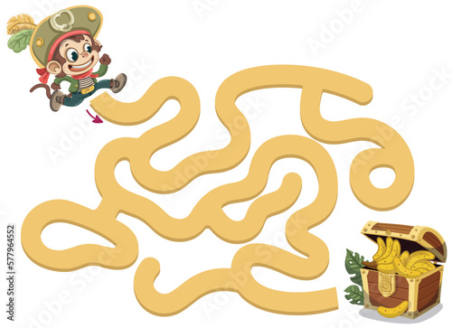 Maze game for kids to guide pirate monkey to treasure chest full of bananas. Vector illustration.
