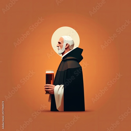 Trappist monk holding a brewery beer. Isolated, white background, copy space. Generative AI.
