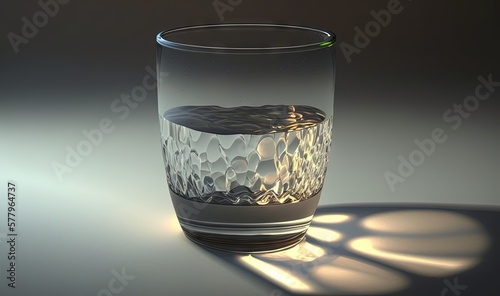  a glass with water inside of it sitting on a table. generative ai
