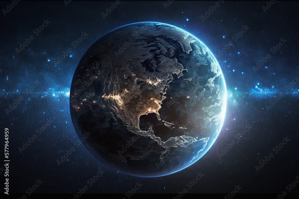 Obraz premium Nightly planet Earth in dark outer space.generative AI digital illustration. 