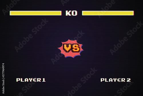 Versus Screen retro game  on glitch background of analog tv