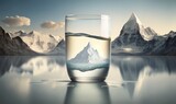  a glass of water with a mountain in the middle of it. generative ai