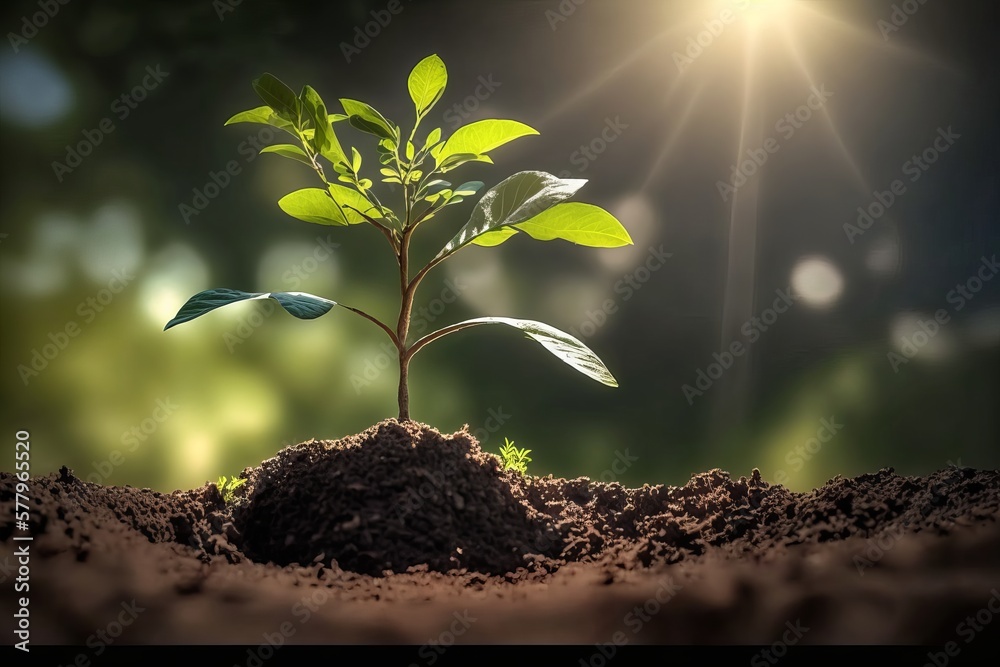 small tree growing with sunrise. green world and earth day concept