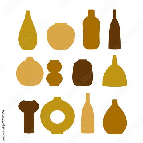 Hand drawn stylized Ceramic Vase set. Silhouettes of monochrome flower vases, earthenware jugs. Boho style. Design Elements for poster, wall art print. Vector illustration isolated on white background