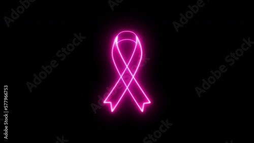 4K Pink color neon mourning ribbon stock animation. Slow motion breast cancer awareness  symbol on Black Background. Vibrant Fluorescent signal Animation with alpha channel.
