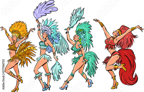 brazil carnival Girls in colorful dresses are dancing. Colorful carnival, holiday, party or event.