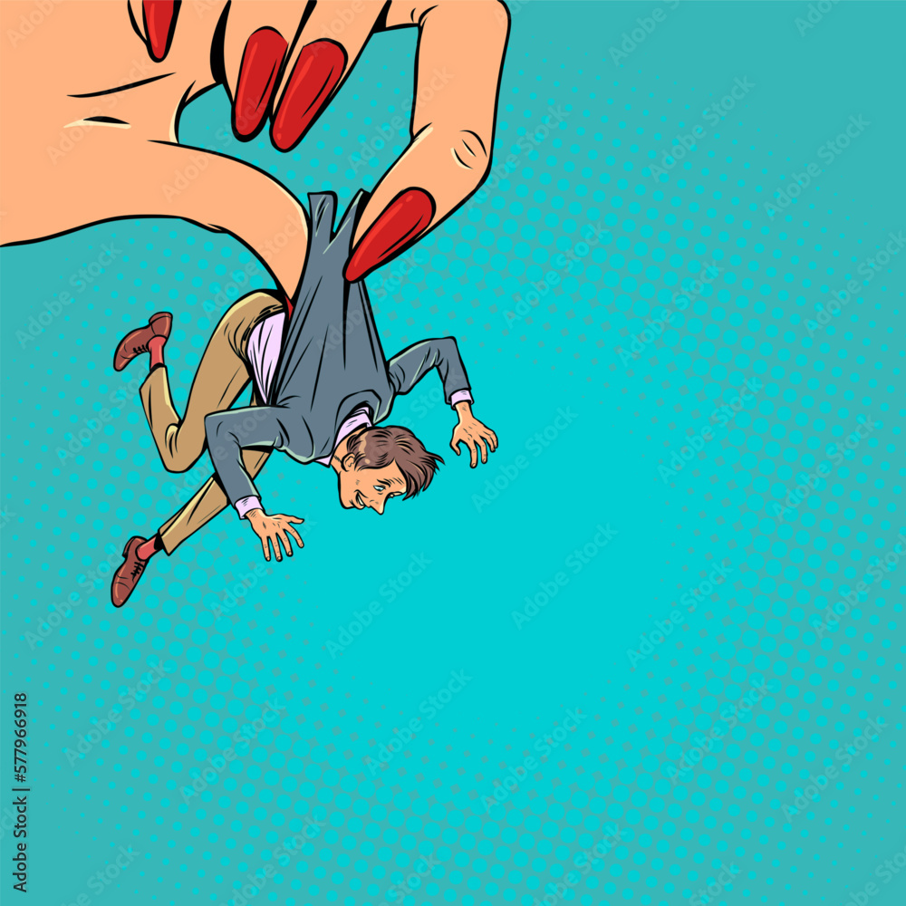 Use of other peoples means and forces. Dominance of one sex over the other.  A man in a suit is held by a womans huge hand with a manicure. Stock Vector  |