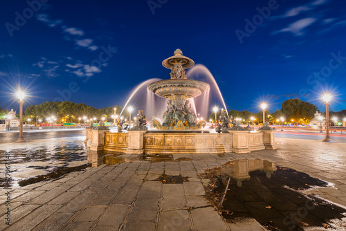 Fountain at Place de la Concorde at dusk, Paris. France