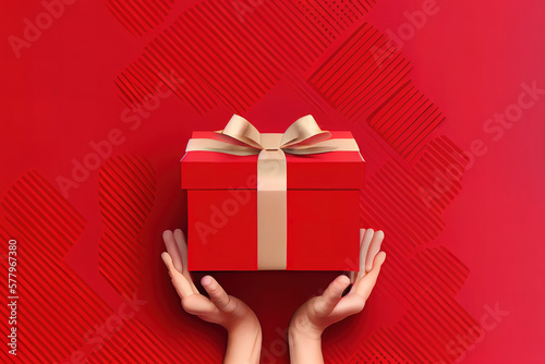gift box in children's hands on a red background. Generative Ai © Mukhlesur