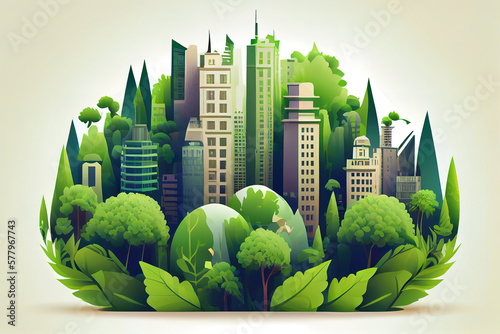 Green eco city on natural background. Generative Ai