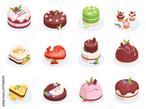 Isometric cakes. Birthday party chocolate, strawberry and vanilla cream cakes, delicious festive desserts 3d vector illustration set. Baked birthday cakes collection