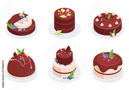 Isometric chocolate cakes. Pastry desserts with chocolate frosting, tasty cakes decorated with raspberry and strawberry 3d vector illustration set