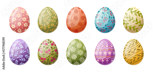 Spring holiday eggs. Easter egg hunt chocolate egg, traditional painted eggs flat cartoon vector illustration set