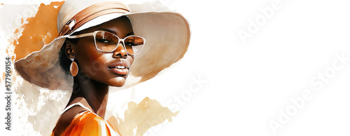 african american fashion girl with a sensual, passionate look, high fashion odel with sun hat, luxury sunglasses and sparkle earrings, watercolor illustration for adverstising fashion accessories photo