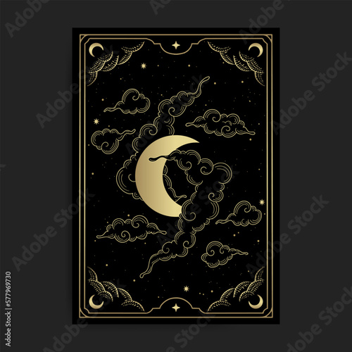 Luxury Crescent Moon and Clouds Illustration in Hand-Drawn Line Art Style