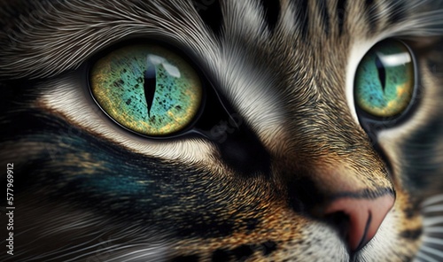  a close up of a cat's face with green eyes. generative ai
