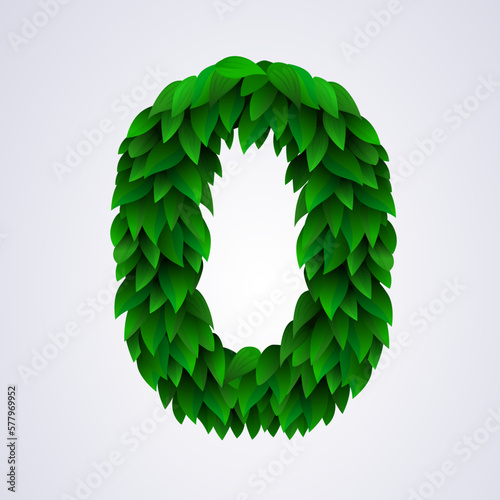 Number 0 made of green leaves.